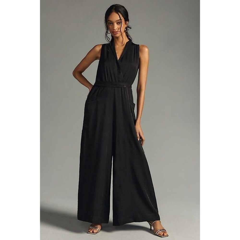 Tiny Anthropologie Lincoln Jumpsuit Black Wide Leg Sleeveless Pockets Large GUC